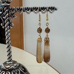 Banded Agate Earrings with Brown Faceted Crystal on Gold Metal Findings